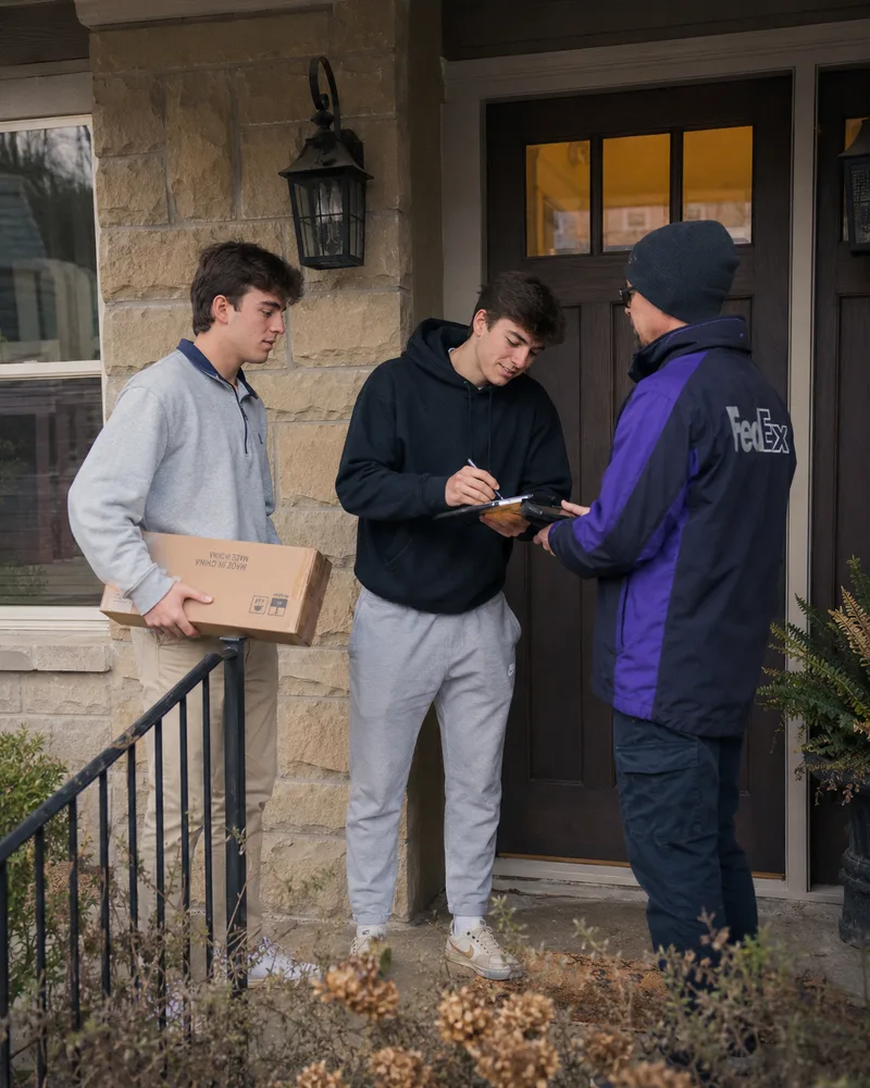 Box Dawgs students receiving a shipped package at the door